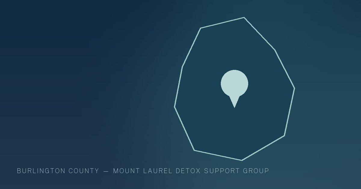 Illustration in the site's navy and teal palette showing a simplified New Jersey county outline with a single location marker, marking this guide to Addiction Treatment Resources in Burlington County, NJ.
