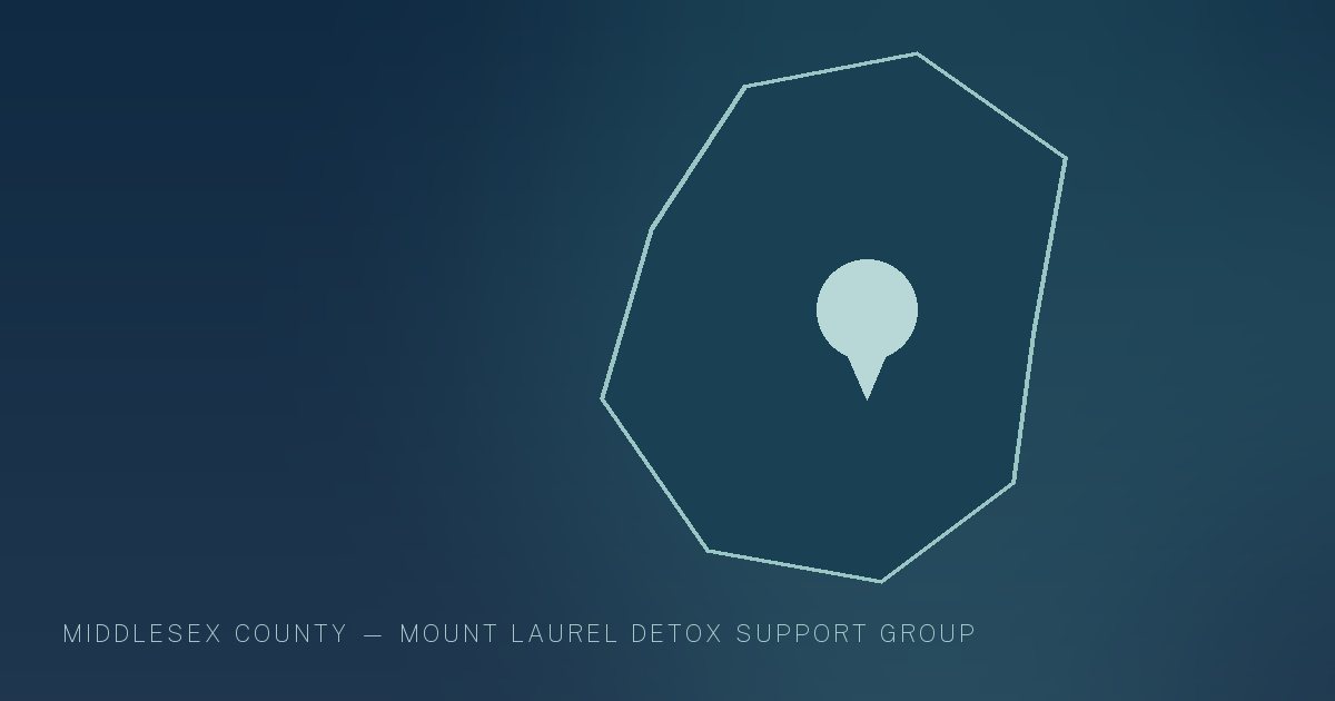 Illustration in the site's navy and teal palette showing a simplified New Jersey county outline with a single location marker, marking this guide to Addiction Treatment Resources in Middlesex County, NJ.