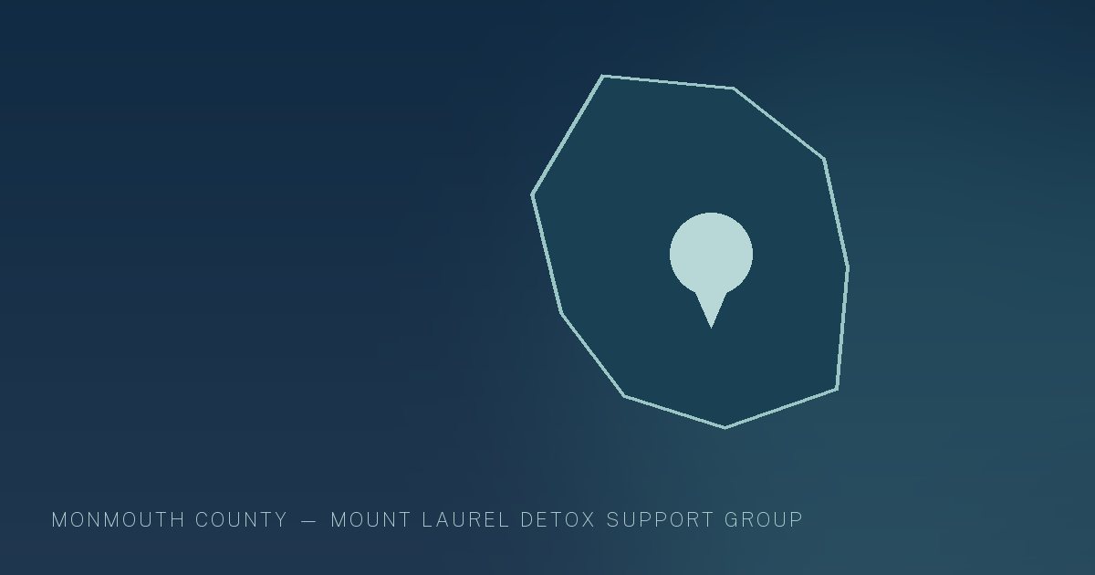 Illustration in the site's navy and teal palette showing a simplified New Jersey county outline with a single location marker, marking this guide to Addiction Treatment Resources in Monmouth County, NJ.