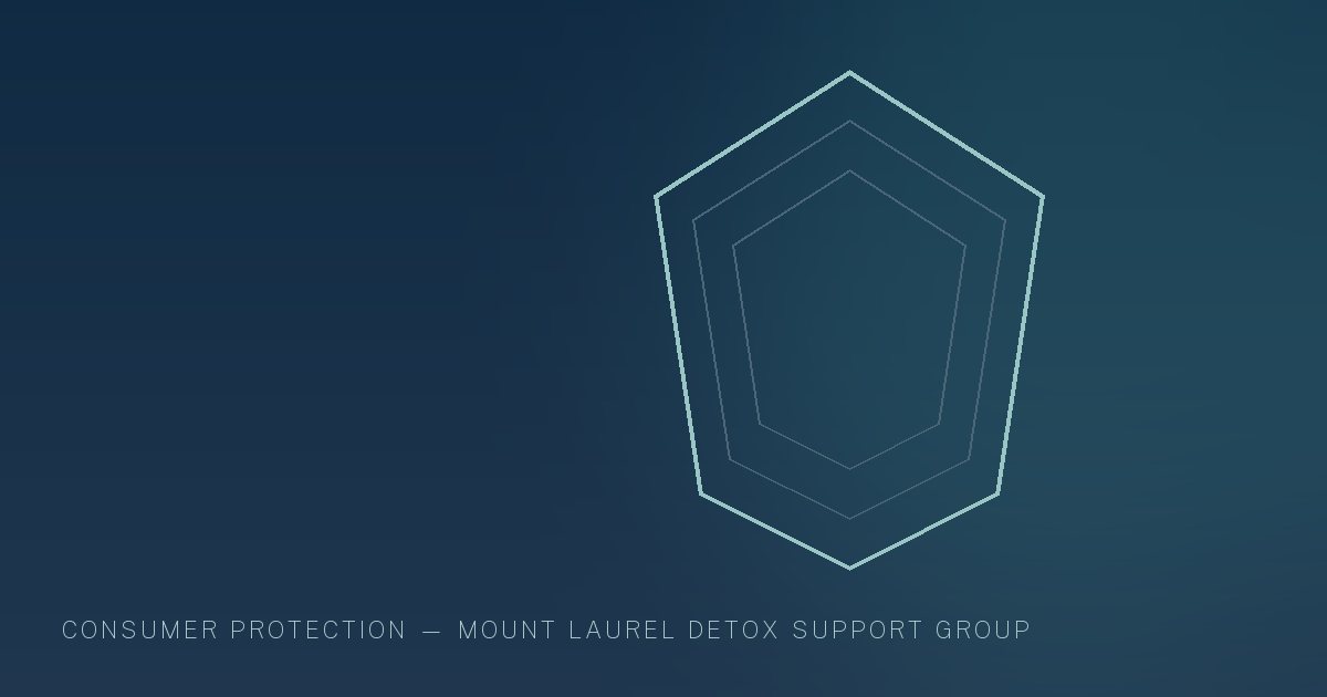 Illustration in the site's navy and teal palette showing a shield outline formed from concentric geometric lines, marking this guide to how to Spot Addiction-Treatment Marketing Red Flags in New Jersey.