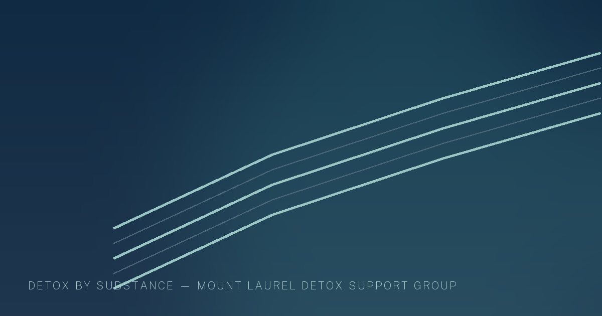 Illustration in the site's navy and teal palette showing a quiet pathway curving toward open light, marking this guide to Stimulant, Cocaine & Benzodiazepine Detox in New Jersey.