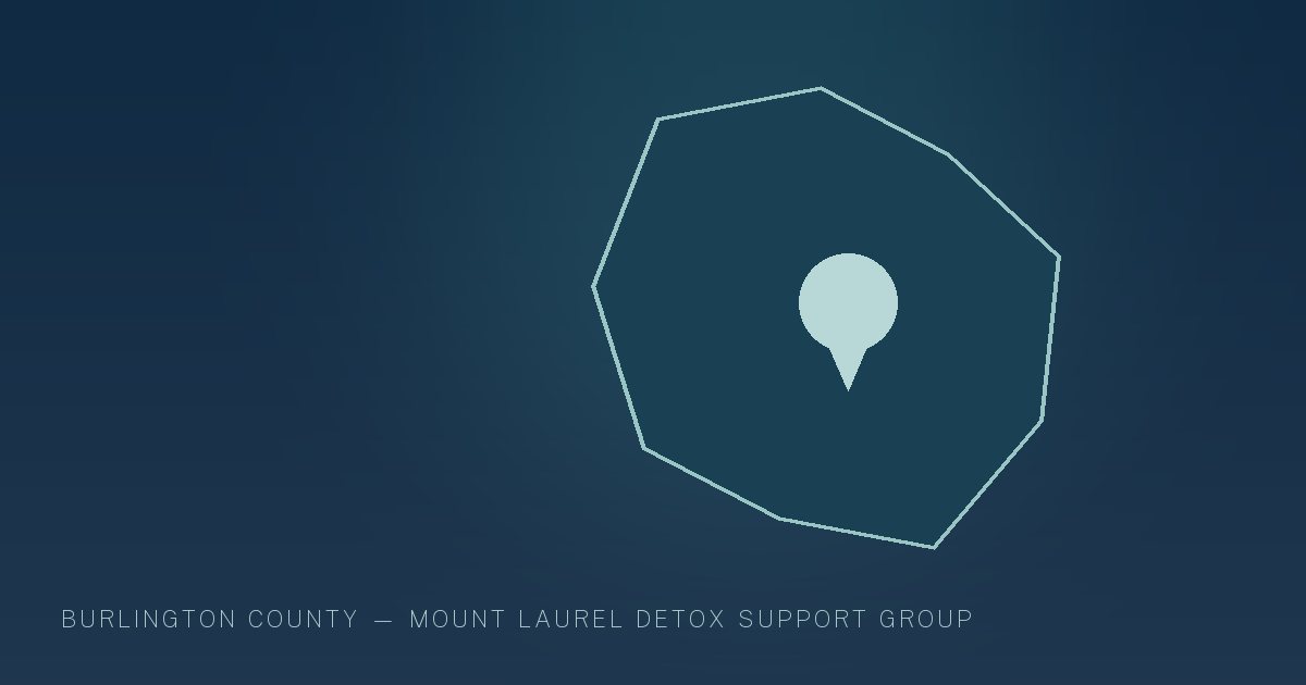 Illustration in the site's navy and teal palette showing a simplified New Jersey county outline with a single location marker, marking this guide to Find Detox & Rehab Options in Mount Laurel, NJ.