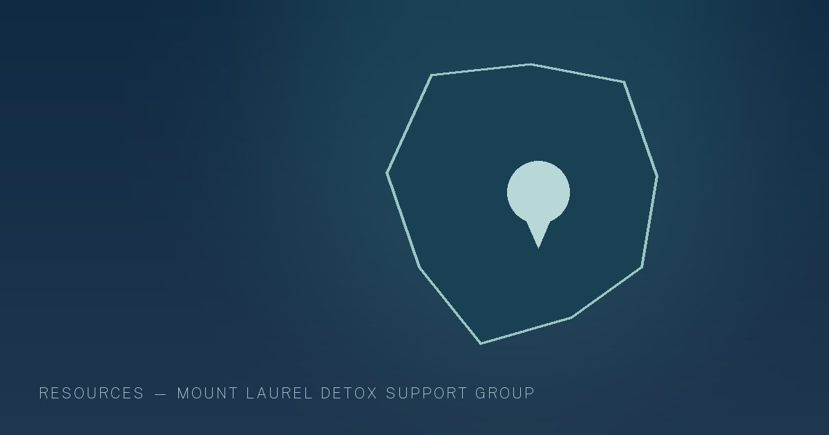 Illustration in the site's navy and teal palette showing a simplified New Jersey county outline with a single location marker, marking this guide to Mount Laurel Addiction and Recovery Resources.