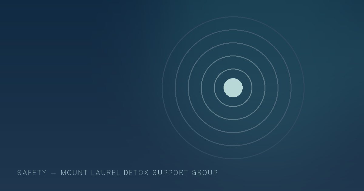 Illustration in the site's navy and teal palette showing a steady beacon of light inside a calm dark field, marking this guide to Harm Reduction in New Jersey.