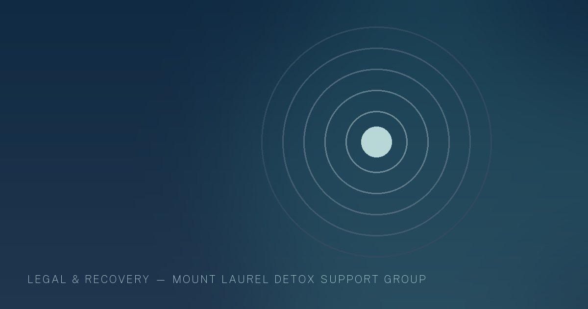 Illustration in the site's navy and teal palette showing a steady beacon of light inside a calm dark field, marking this guide to New Jersey Recovery Court.